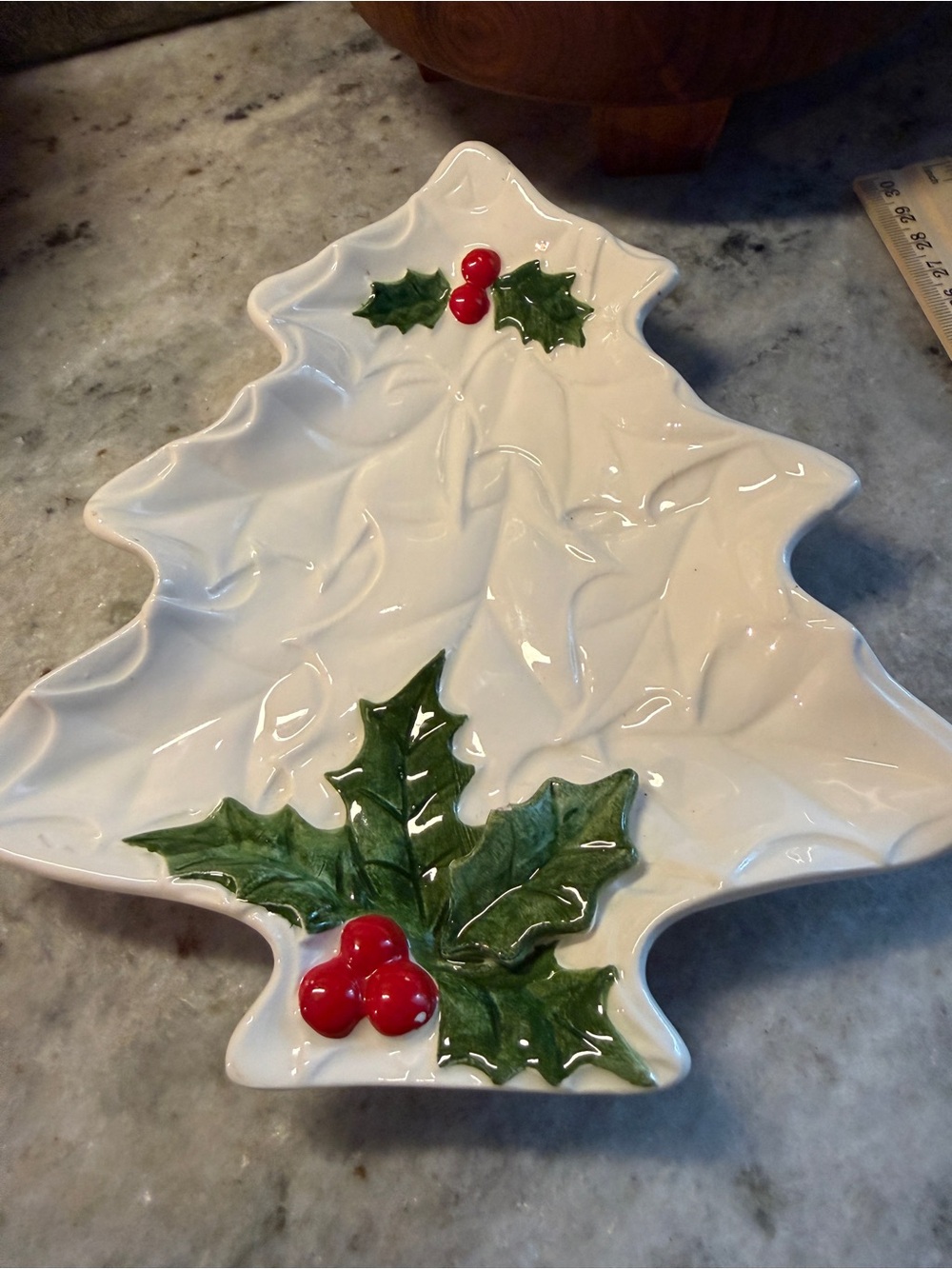 Vintage Lefton 6072 White Christmas Tree Dish Tray Holly Berry 8” L  x  7” W